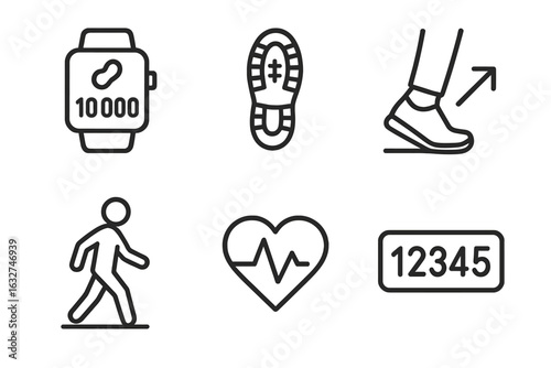 Fitness tracker icons: steps, heart rate, walking, running shoe, distance counter