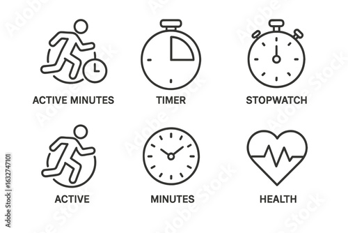 Icon set of running, timer, stopwatch, and health symbols for fitness and activity tracking