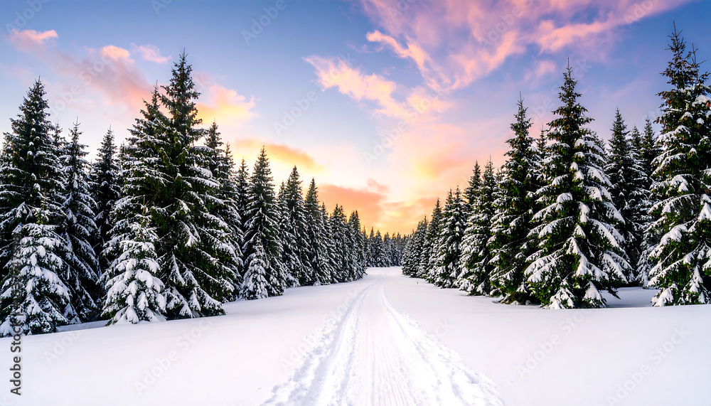 Obraz premium A snow-covered path leads through a majestic winter forest at sunset.