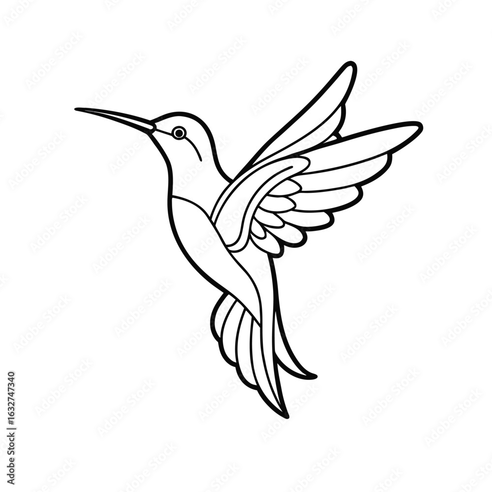 Obraz premium Elegant Black Silhouette of a Hummingbird in Flight, Featuring Outstretched Wings, Streamlined Body, and Long Beak. This Minimalist Vector Illustration Captures the Grace and Agility of the Tiny Bird,