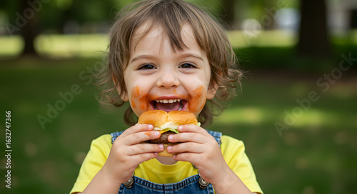 A child happily biting into a small slider burger, with ketchup on their cheek