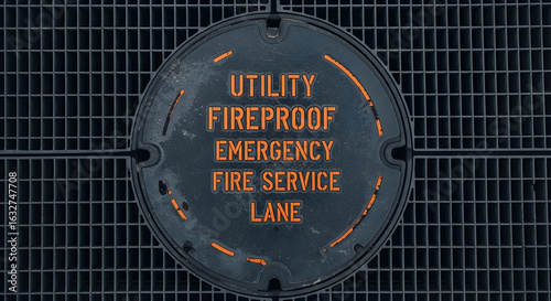 Fireproof Utility Cover Resting On Metal Grid In Urban Environment