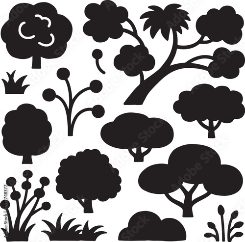  Vector silhouettes of trees bushes various types illustration with white background