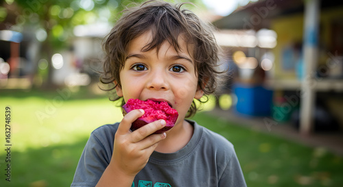 A child trying a new South American fruit