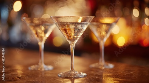Wallpaper Mural Three Martini Glasses On A Bar Counter With Warm Bokeh Lighting. Elegant Cocktail Setting For Social Gatherings Torontodigital.ca