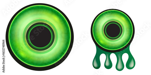 Vector green zombie eye with green slime isolated on white background. Vector 3d monster zombie eye png clip art illustration. Alien scary Eyeball isolated for Halloween design