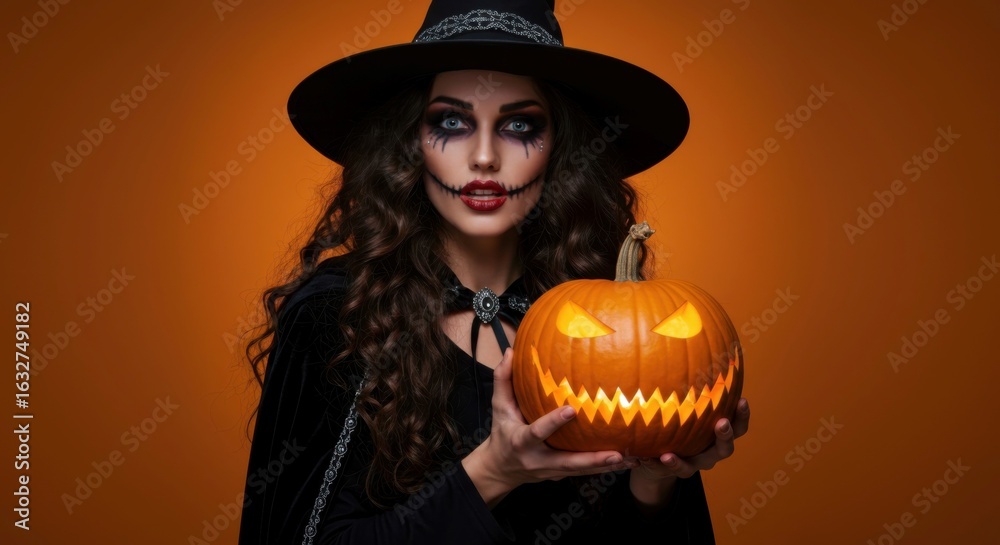 Fototapeta premium Female dressed as witch holding jack-o'-lantern