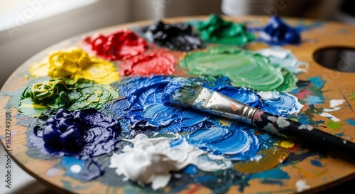 Wallpaper Mural Close-up of a painter's palette with vibrant oil paints and a brush Torontodigital.ca