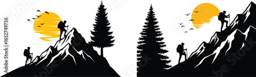 Vector art of silhouette of hikers climbing mountains at sunrise or sunset with pine trees