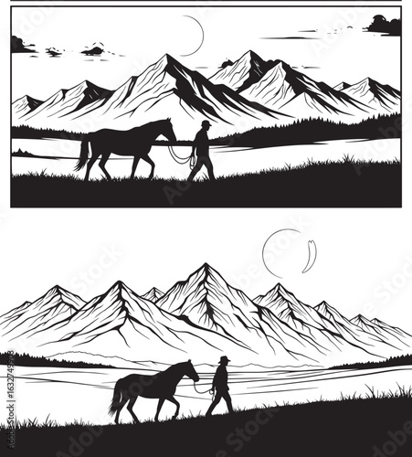 Vector art of man walking with horse in front of majestic mountains under a cloudy sky, black and white illustration