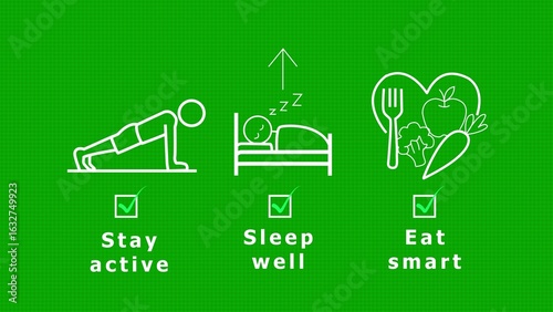 Healthy lifestyle icons stay active sleep well eat smart
