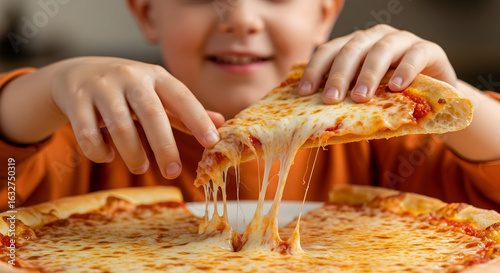 A child's hands reaching for a slice of cheese pizza