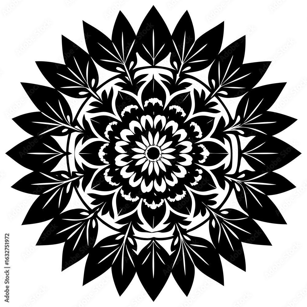 Fototapeta premium Vector art of intricate black and white floral mandala with detailed petals and leaves forming a symmetrical circular pattern, isolated on white