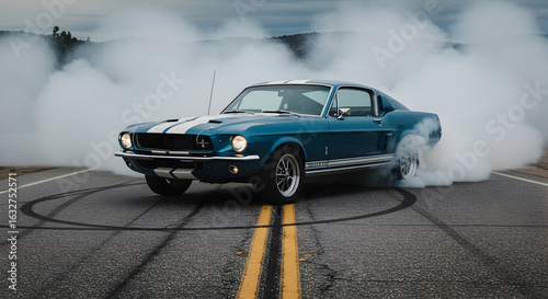 A classic 1967 Shelby GT500 Fastback, classic blue with white stripes, doing a burnout on a deserted road, raw power, action