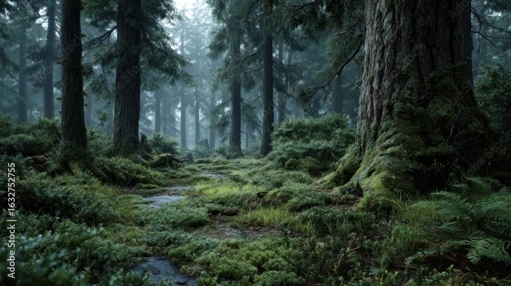 Fototapeta premium Misty Forest Path: Enchanting Mossy Trail Through Ancient Trees