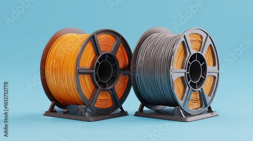 Two spools of 3D printer filament, one orange and one gray, sit on stands against a light blue background