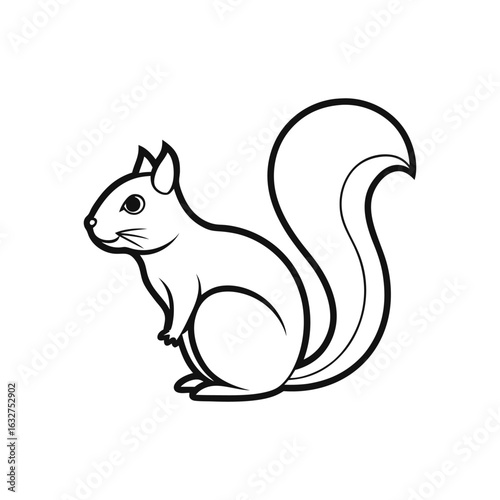 Minimalist Black and White Vector Illustration of a Squirrel Sitting Upright with a Curved Bushy Tail. This Stylized Line Drawing Features a Side Profile with Raised Front Paws and Rounded Features, P