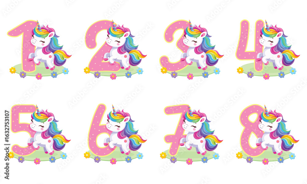 Obraz premium Set of cute unicorn with pink numbers isolated on white background. Happy Birthday concept. Vector illustration in flat cartoon style