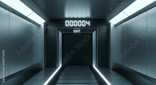 Futuristic Escape: Illuminated Tunnel Leading to Door with Digital Counter Display