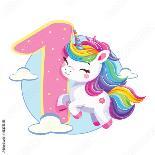 Cute unicorn with pink number 1 isolated on white background. Happy Birthday concept. Vector illustration in flat cartoon style