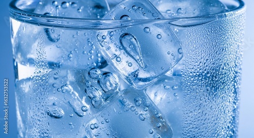 Close-up of clear ice cubes with bubbles in a glass of water