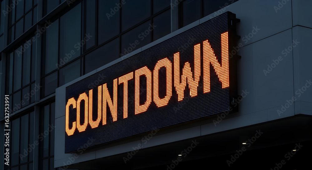 Fototapeta premium Illuminated Countdown Sign Against Modern Building Facade In The City At Night