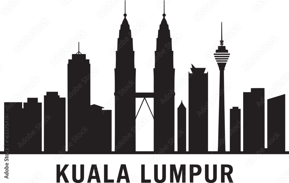 Obraz premium Detailed Silhouette of Kuala Lumpur Malaysia Skyline Vector Illustration with City Name Below