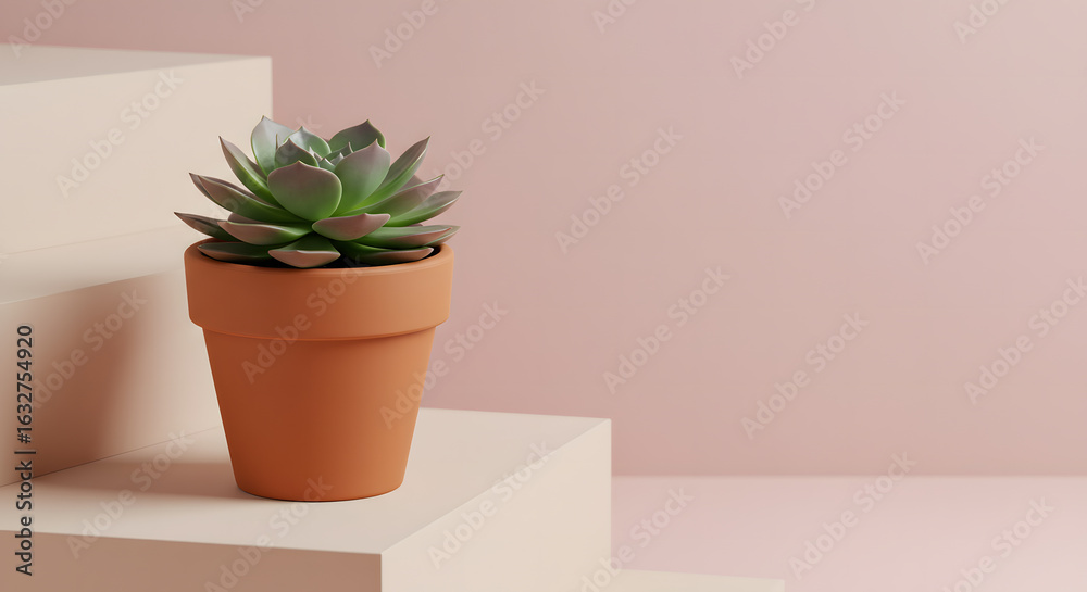 Fototapeta premium Minimalist potted succulent on soft pink background with clean design and natural lighting