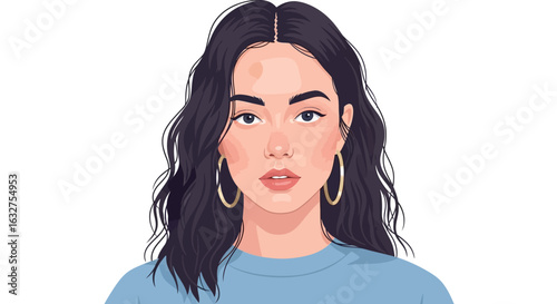 Vector illustration portrait of a stylish young woman with a direct gaze and wavy dark hair, wearing large hoop earrings.