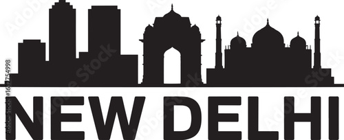 New Delhi India Cityscape Silhouette Vector Illustration with Iconic Monuments and Urban View