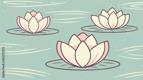 Three lotus flowers blooming in calm water with a light teal background
