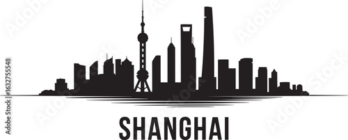 Shanghai China Skyline Silhouette Vector Illustration with Cityscape Buildings