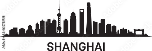 Shanghai Skyline Silhouette Vector Illustration with Modern Skyscrapers and Cityscape Panorama Design