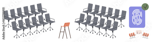 Multiple office chairs in neat rows, a single stool in focus, a fingerprint icon with a checkmark, and miniature chair visuals. Ideal for security, identity, choice, inclusion, decision-making
