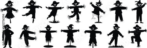 Scarecrow silhouette vector set, fourteen unique figures, straw hair detail, patched clothing variation, dynamic pose design, autumn harvest character illustration
