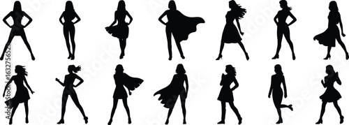 Female silhouette vector set, fifteen confident poses, fashion cape and dress styles, character stance variation, stylish woman figure illustration design