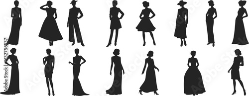 Fashion silhouette vector set, fourteen stylish figures, dress and gown variation, pants and skirt styles, hat accessory, clothing design illustration