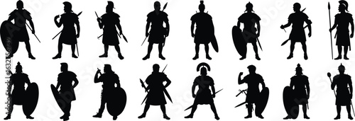 Roman soldier silhouette vector set, sixteen poses, ancient warrior armor, sword and shield design, historical illustration, military graphic element
