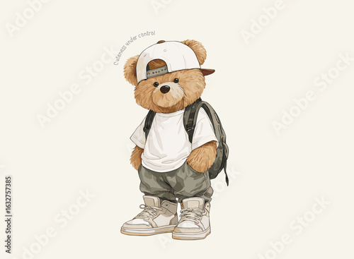Cool hip hop teddy bear in streetwear, oversized sneakers, cap, and backpack. Urban fashion bear art print. Trendy cartoon character for kids and teens. Vector t-shirt design.
