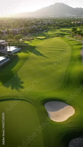 Aerial view golf course with sunset.