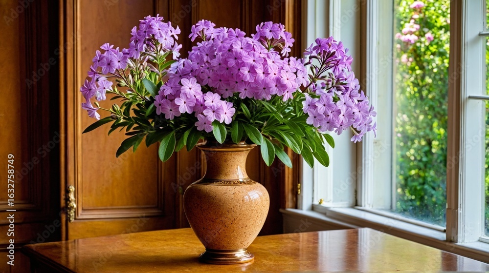 Fototapeta premium A vase of purple flowers sits on a wooden table by a window