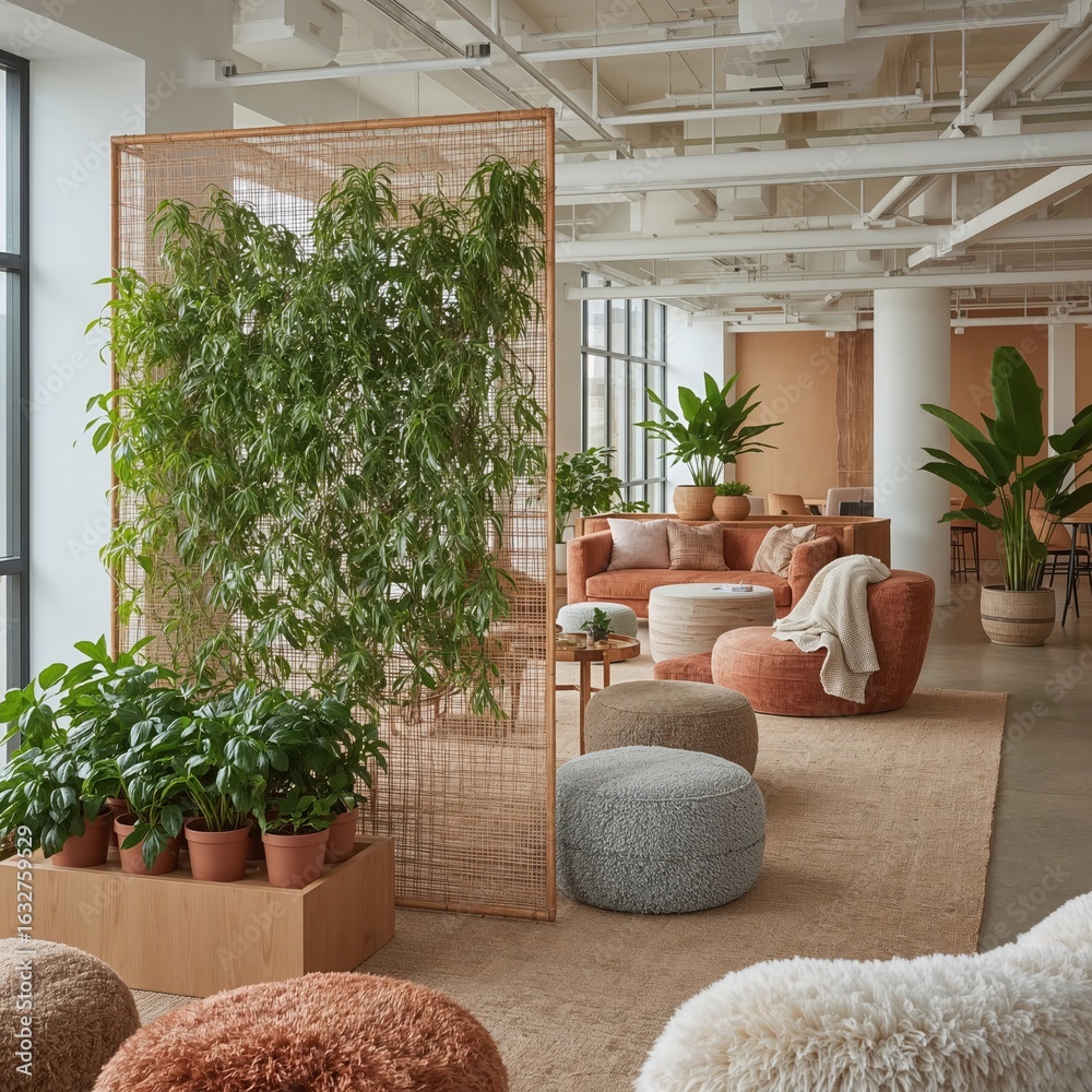 Fototapeta premium Modern office interior design with plants creating a relaxing and welcoming workspace atmosphere with stylish furniture