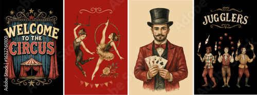 Circus vintage posters with acrobats, magician, jugglers, and “Welcome to the Circus” tent sign. Retro carnival art with performers, perfect for events, t-shirts, party decor, and wall art.
