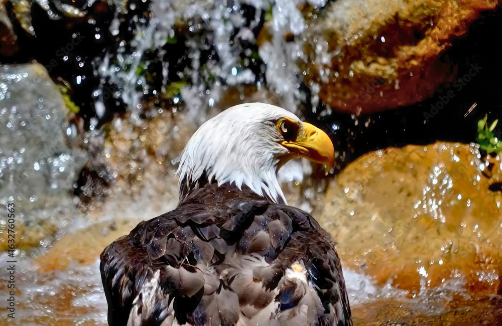 Fototapeta premium Bald Eagle by a Waterfall