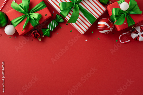 Brightly wrapped holiday presents and decorative ornaments against a vibrant red surface, enhancing the holiday spirit