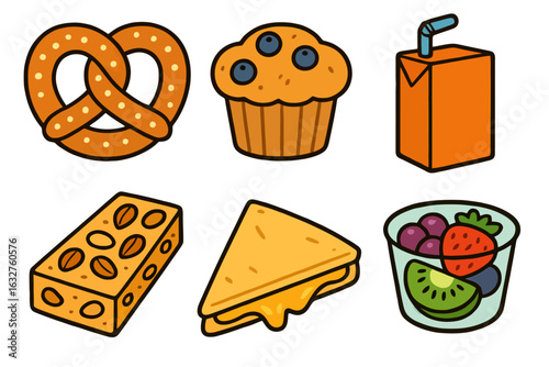 Set of 6 cartoon snack icons including pretzel, muffin, juice box, granola bar, quesadilla and fruit cup. Clean black outlines and transparent background. Perfect for food-related UI and design.