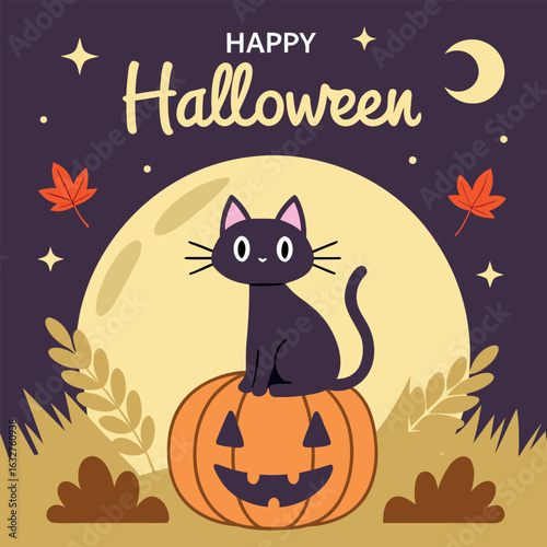 A cartoon black cat sits on a grinning jackolantern beneath stars and the moon