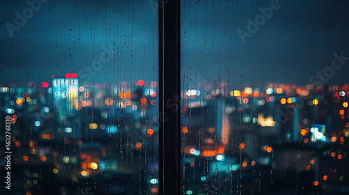 Wallpaper Mural City skyline illuminated at night with raindrops on window glass Torontodigital.ca