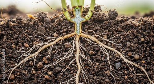 Detailed cross-section of plant roots anchoring in rich, dark soil with visible root hairs