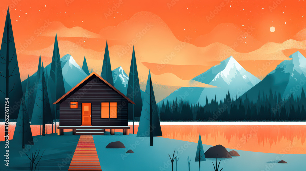 Fototapeta premium A serene cabin surrounded by pine trees and mountains, set against a vibrant sunset sky reflecting on a tranquil lake.